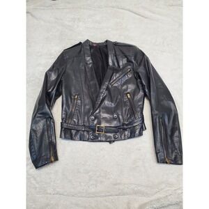 Black Leather Whimsigoth Belted Biker Moto Gold Zipper Jacket Size 38 Medium 6